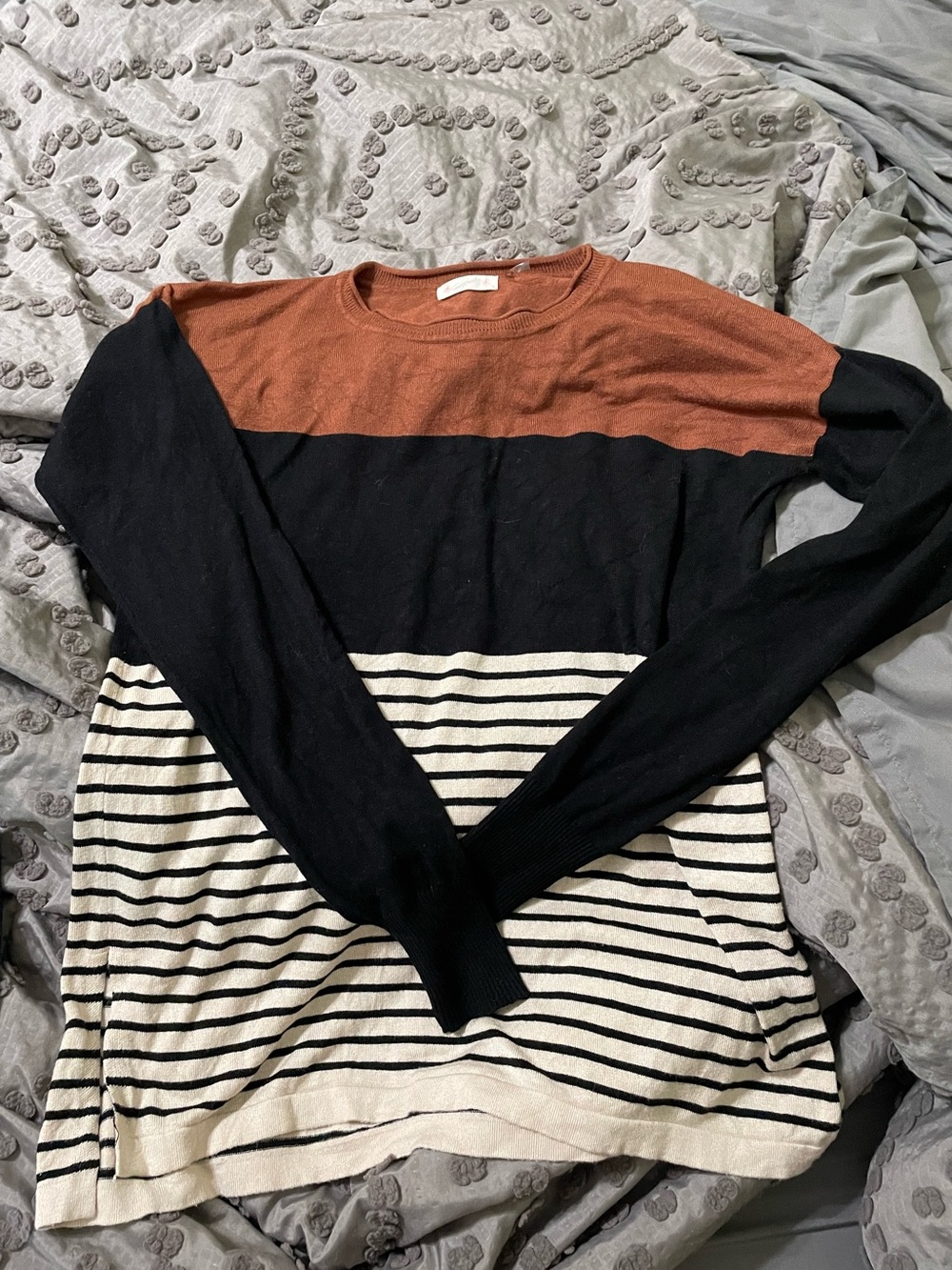 Boutique Colorblock Crewneck Sweater - Black, Rust, Ivory